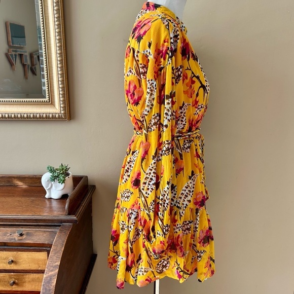 A.L.C. Yellow Floral Silk Jen Mini Dress Long Sleeve Belted Shirtdress Size XS S - Picture 10 of 16